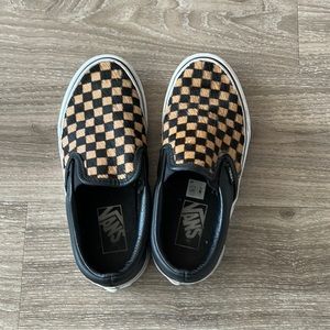Vans Black and Tan checkered calf fur inspired sneakers. Woman’s size 5.5.